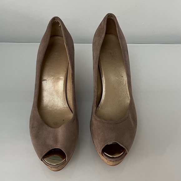 Stuart Weitzman Anna Peep Toe Suede Cork Wedge Heels in Beige Tan 8 - Picture 2 of 10